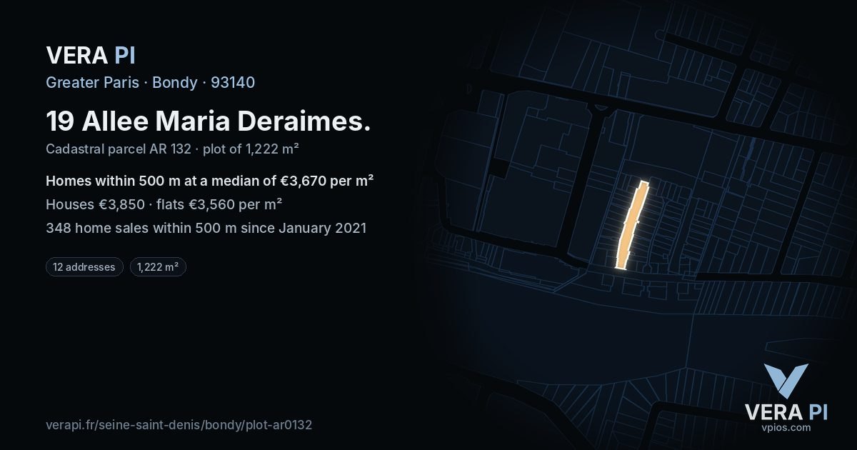 19 Allee Maria Deraimes, Bondy at night – the plot lit, the parcels around coloured by the prices near them