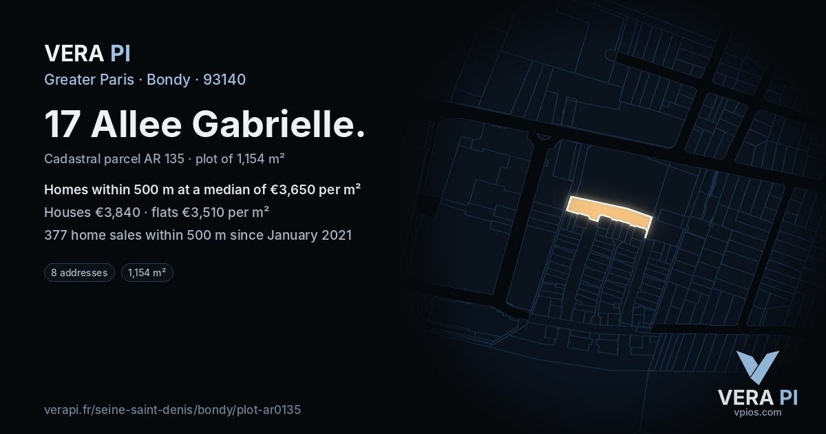 17 Allee Gabrielle, Bondy at night – the plot lit, the parcels around coloured by the prices near them