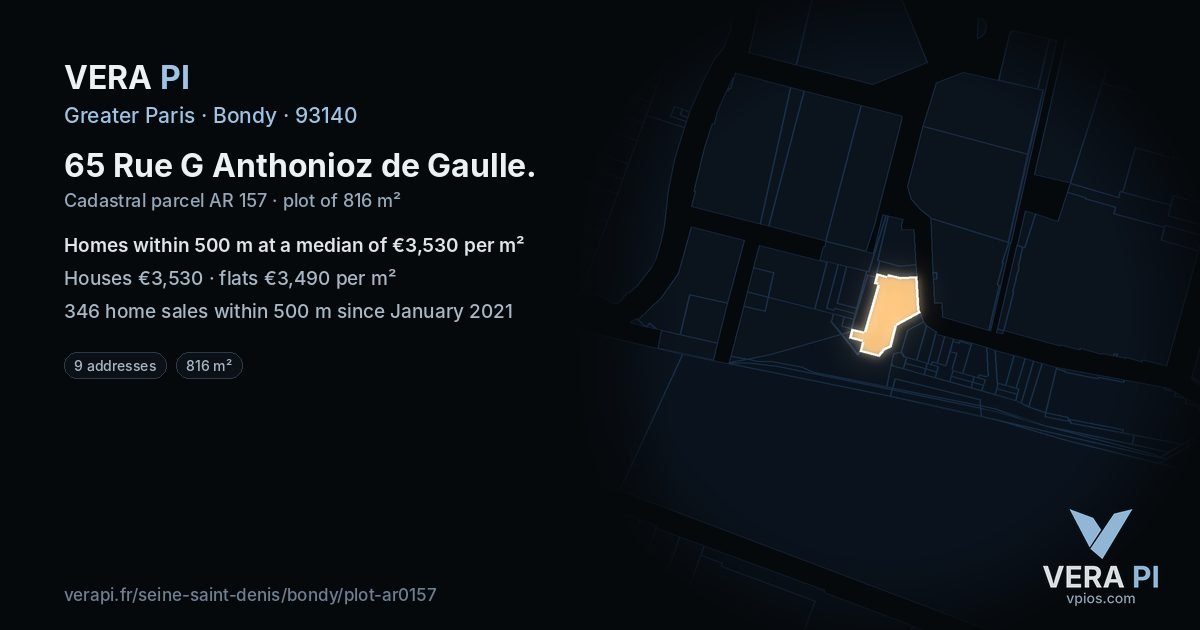 65 Rue G Anthonioz de Gaulle, Bondy at night – the plot lit, the parcels around coloured by the prices near them