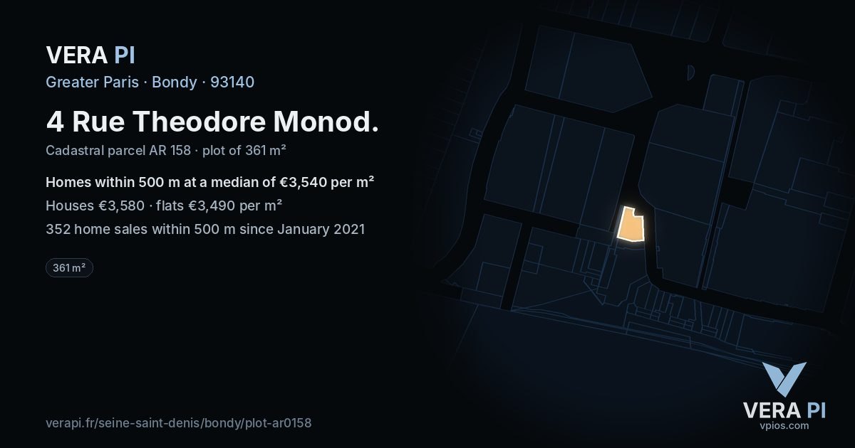 4 Rue Theodore Monod, Bondy at night – the plot lit, the parcels around coloured by the prices near them