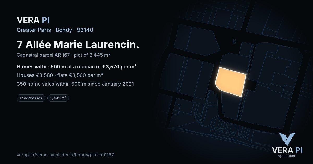 7 Allée Marie Laurencin, Bondy at night – the plot lit, the parcels around coloured by the prices near them