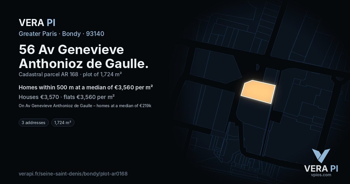 56 Av Genevieve Anthonioz de Gaulle, Bondy at night – the plot lit, the parcels around coloured by the prices near them