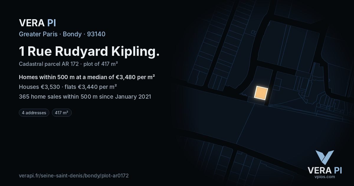 1 Rue Rudyard Kipling, Bondy at night – the plot lit, the parcels around coloured by the prices near them