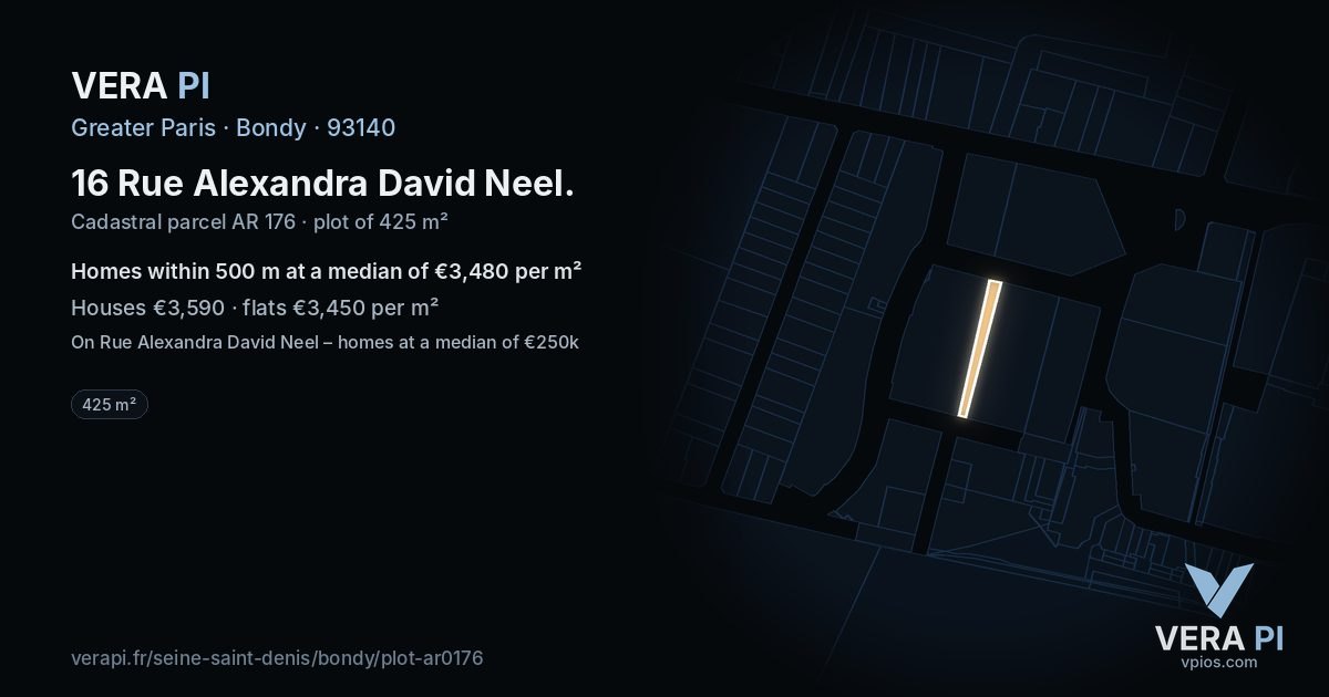 16 Rue Alexandra David Neel, Bondy at night – the plot lit, the parcels around coloured by the prices near them