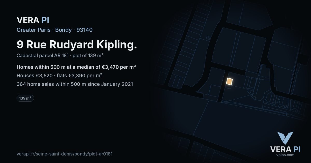 9 Rue Rudyard Kipling, Bondy at night – the plot lit, the parcels around coloured by the prices near them