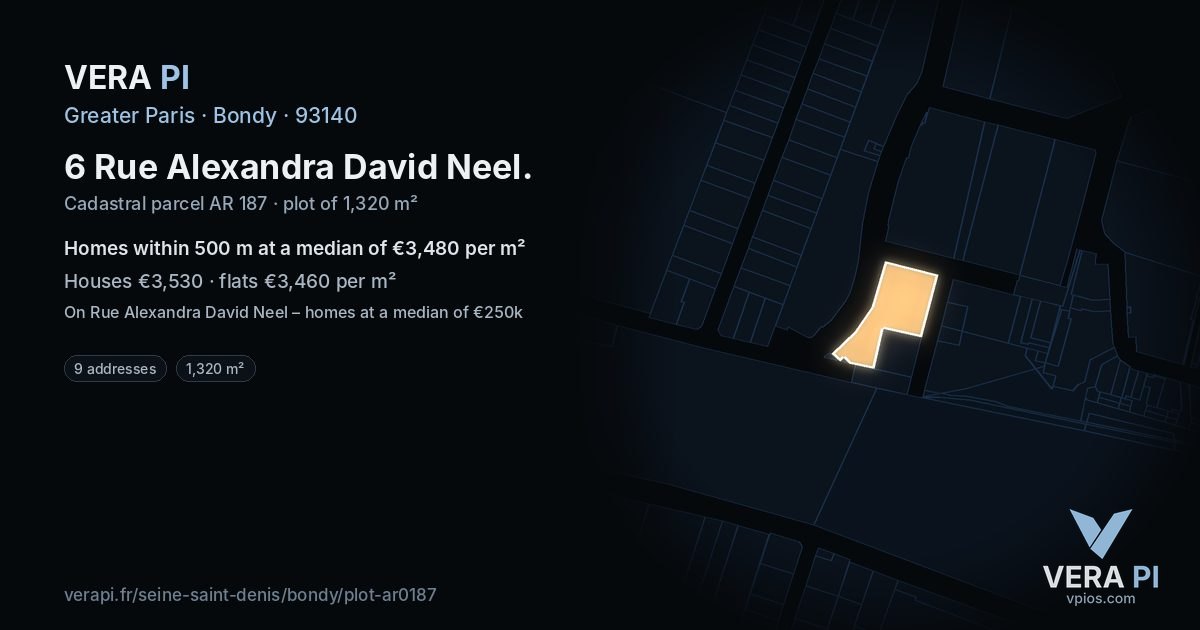 6 Rue Alexandra David Neel, Bondy at night – the plot lit, the parcels around coloured by the prices near them