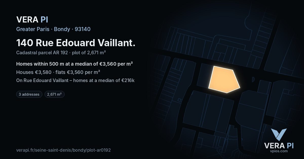 140 Rue Edouard Vaillant, Bondy at night – the plot lit, the parcels around coloured by the prices near them