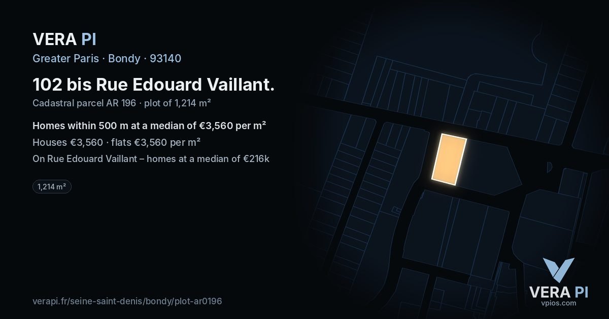 102 bis Rue Edouard Vaillant, Bondy at night – the plot lit, the parcels around coloured by the prices near them