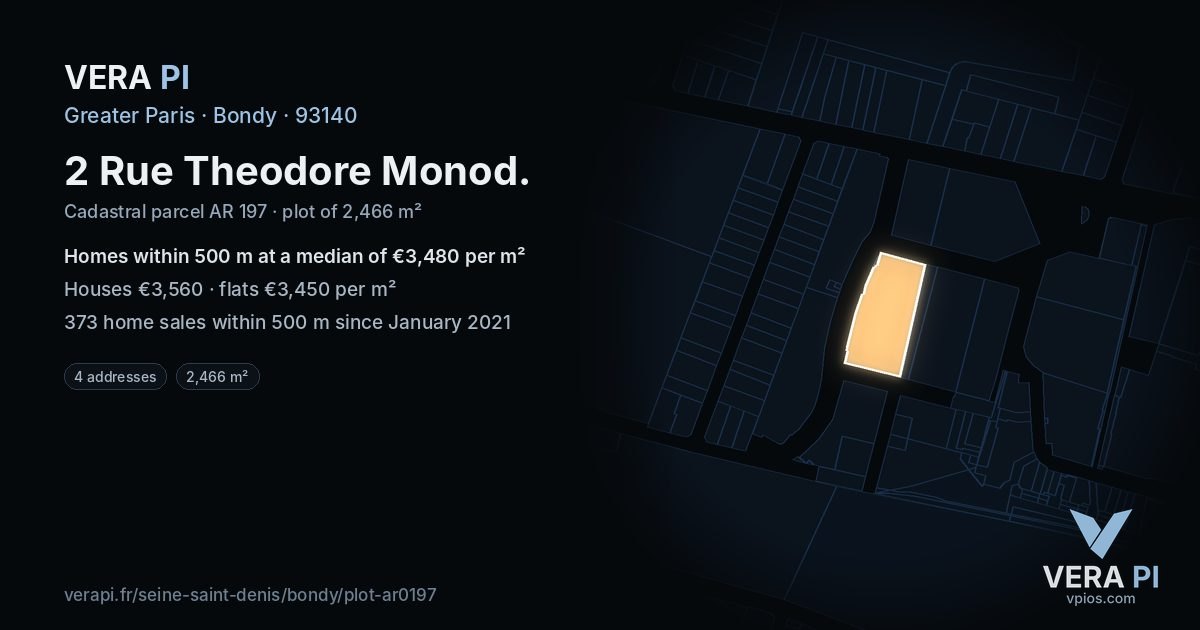 2 Rue Theodore Monod, Bondy at night – the plot lit, the parcels around coloured by the prices near them