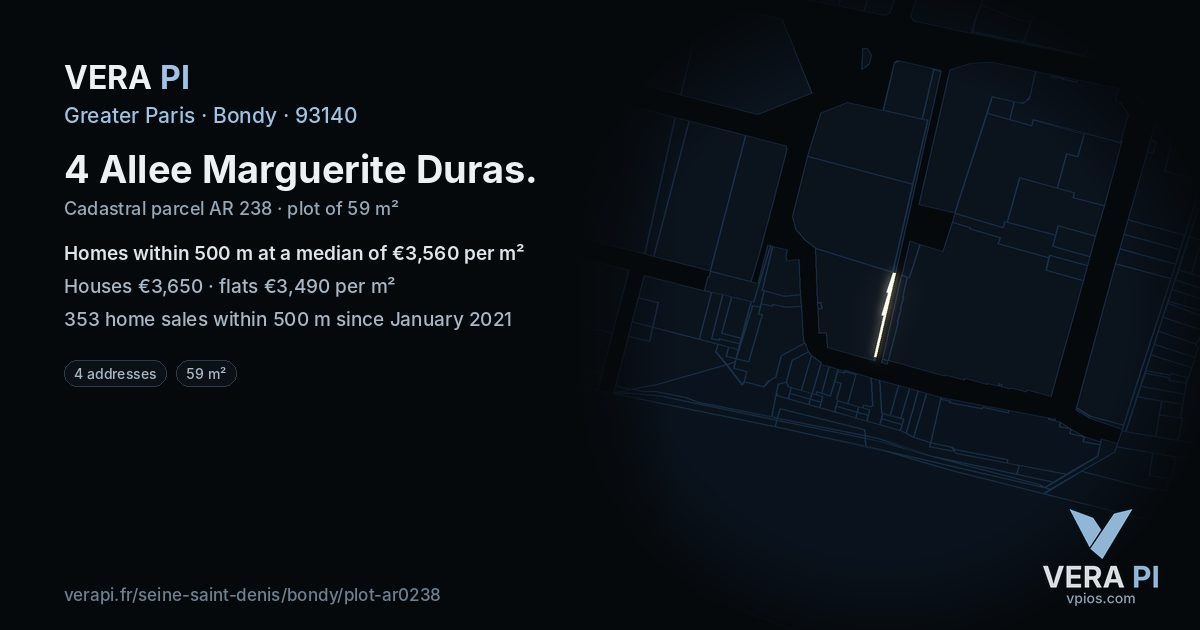 4 Allee Marguerite Duras, Bondy at night – the plot lit, the parcels around coloured by the prices near them