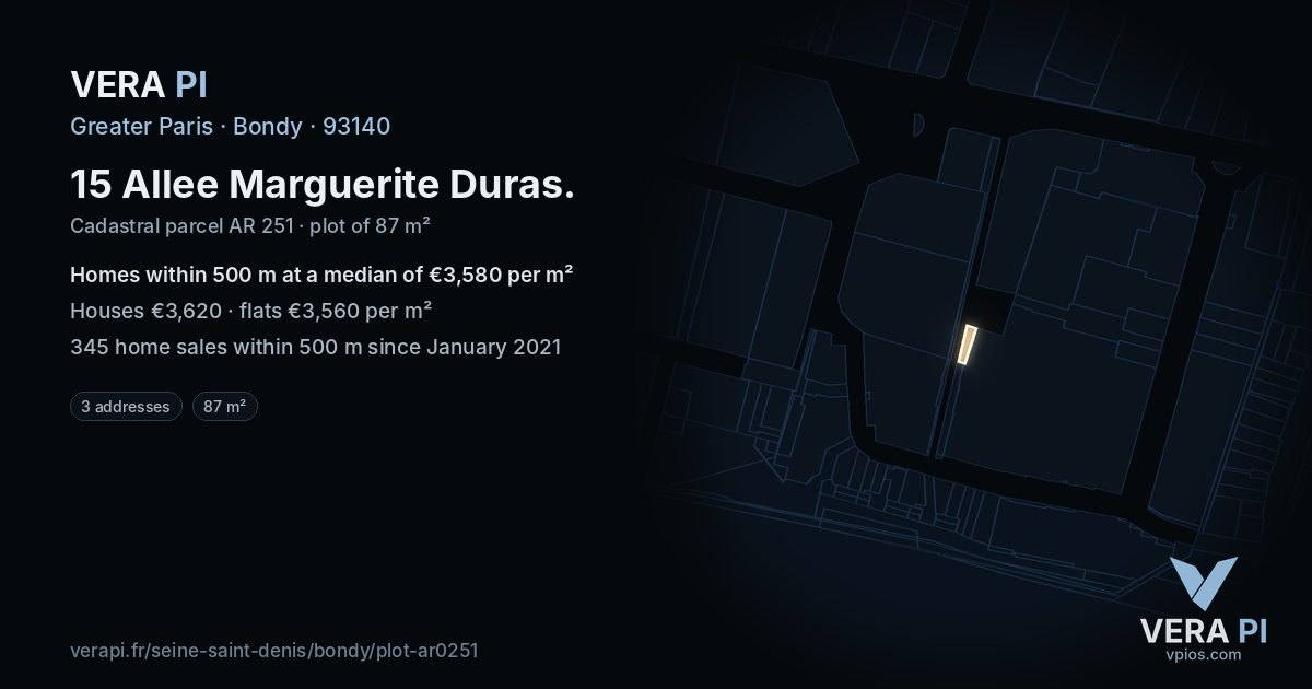 15 Allee Marguerite Duras, Bondy at night – the plot lit, the parcels around coloured by the prices near them