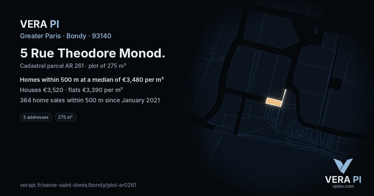 5 Rue Theodore Monod, Bondy at night – the plot lit, the parcels around coloured by the prices near them