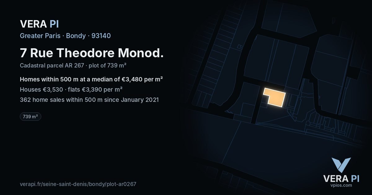 7 Rue Theodore Monod, Bondy at night – the plot lit, the parcels around coloured by the prices near them
