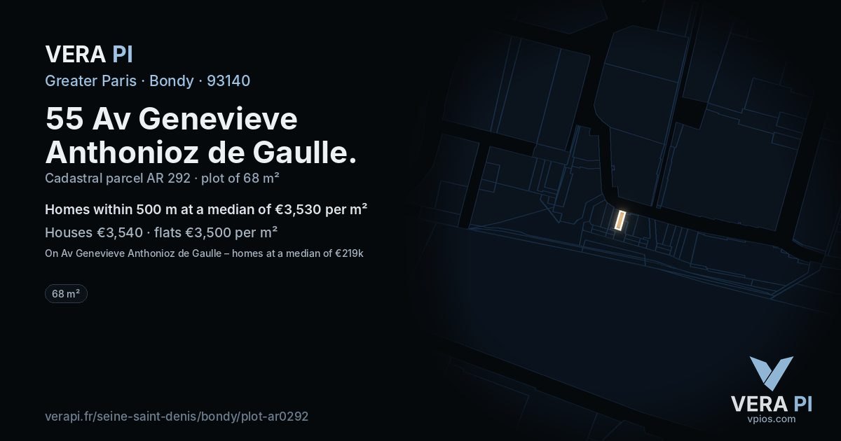 55 Av Genevieve Anthonioz de Gaulle, Bondy at night – the plot lit, the parcels around coloured by the prices near them