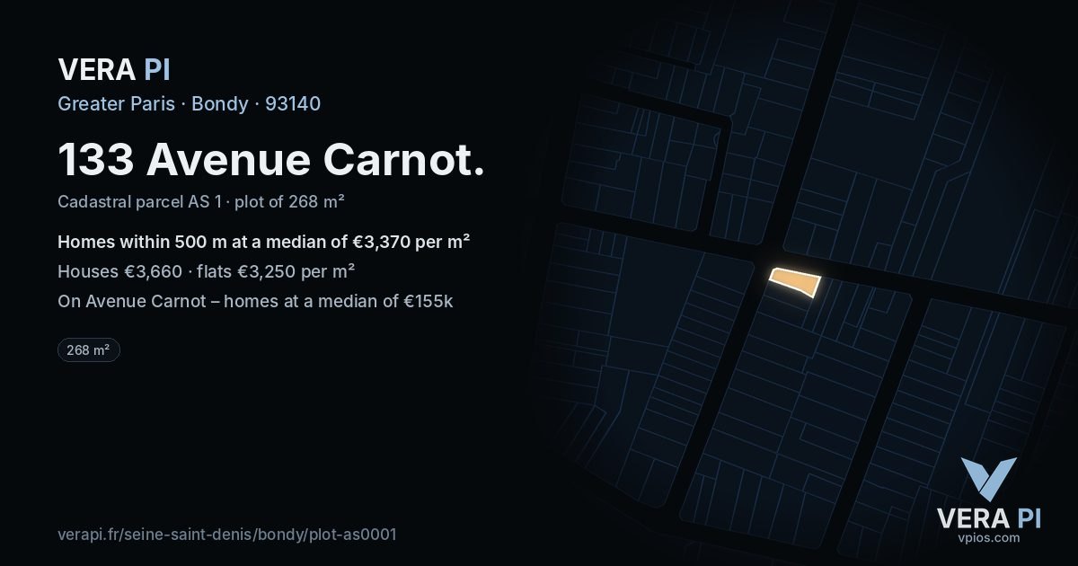133 Avenue Carnot, Bondy at night – the plot lit, the parcels around coloured by the prices near them