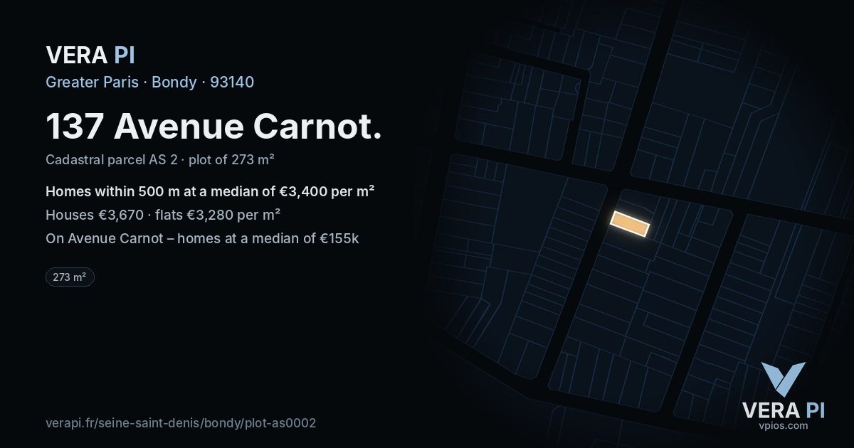137 Avenue Carnot, Bondy at night – the plot lit, the parcels around coloured by the prices near them