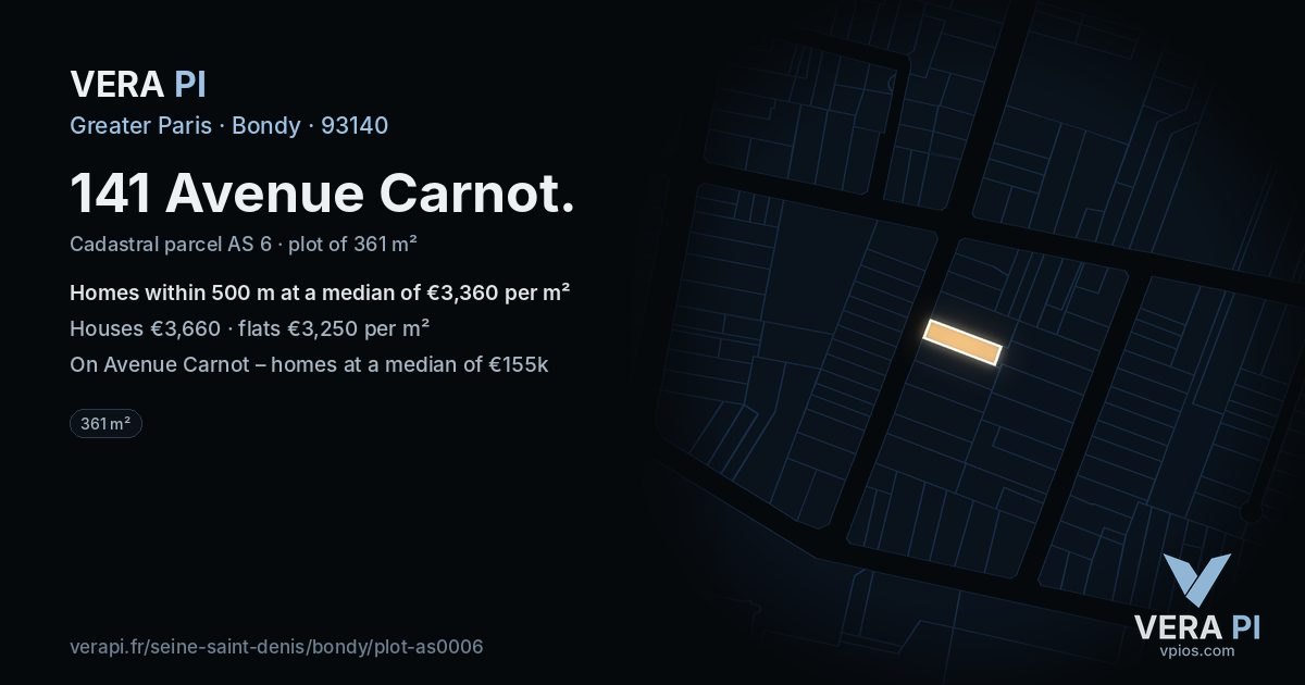 141 Avenue Carnot, Bondy at night – the plot lit, the parcels around coloured by the prices near them