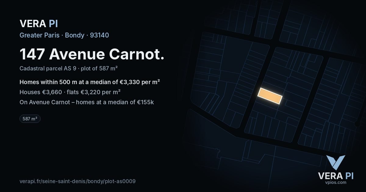 147 Avenue Carnot, Bondy at night – the plot lit, the parcels around coloured by the prices near them