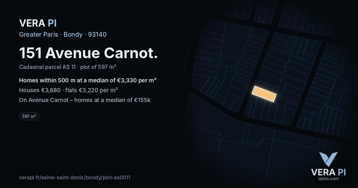 151 Avenue Carnot, Bondy at night – the plot lit, the parcels around coloured by the prices near them