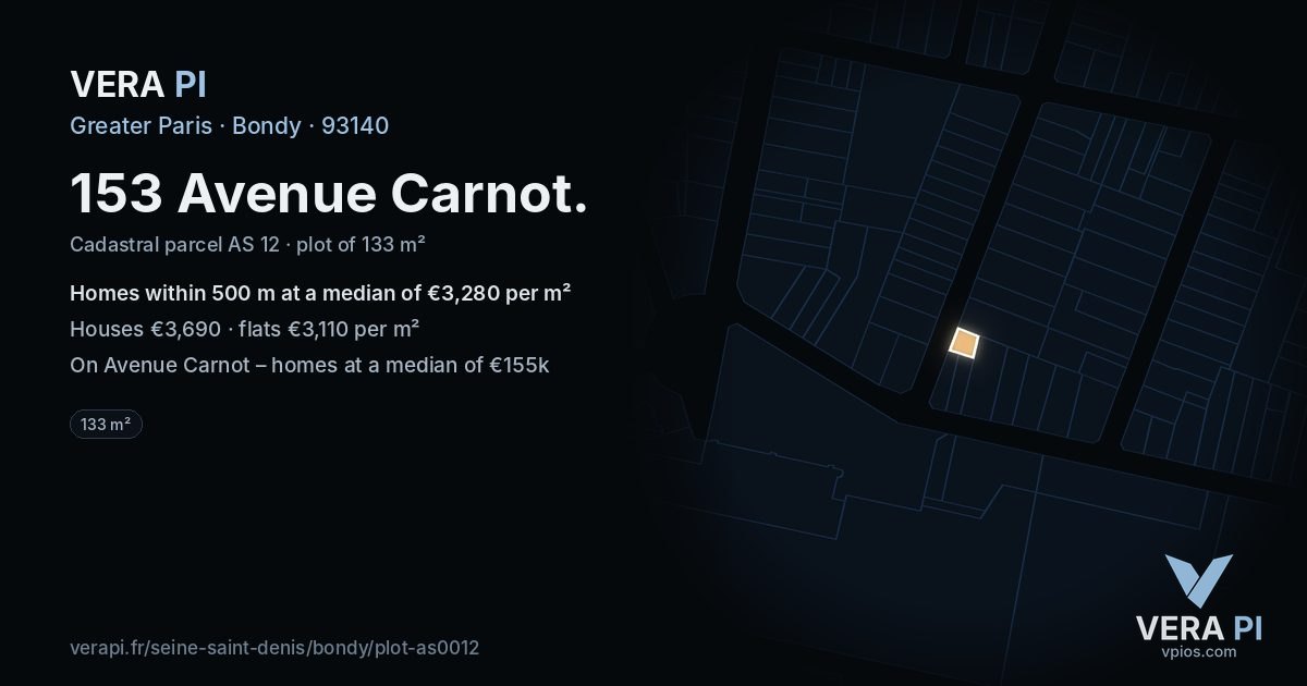 153 Avenue Carnot, Bondy at night – the plot lit, the parcels around coloured by the prices near them