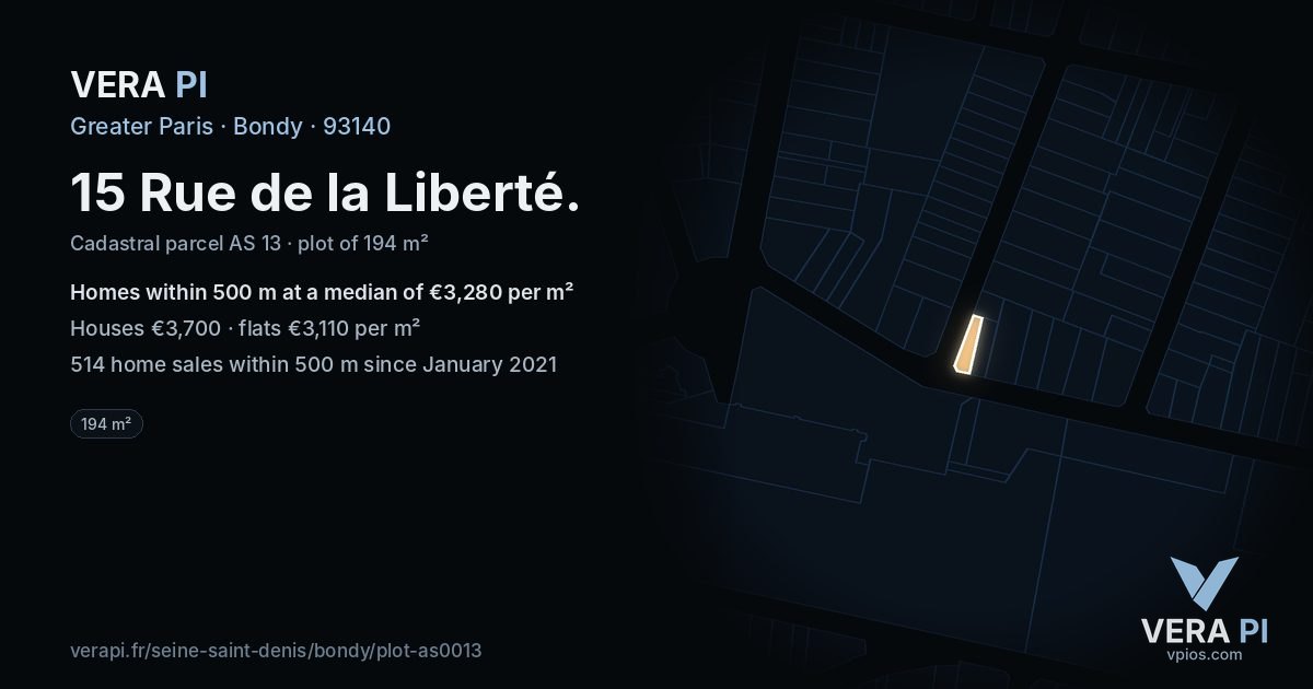 15 Rue de la Liberté, Bondy at night – the plot lit, the parcels around coloured by the prices near them