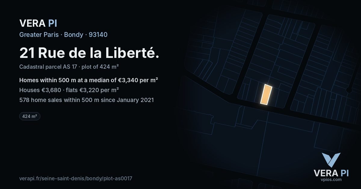 21 Rue de la Liberté, Bondy at night – the plot lit, the parcels around coloured by the prices near them