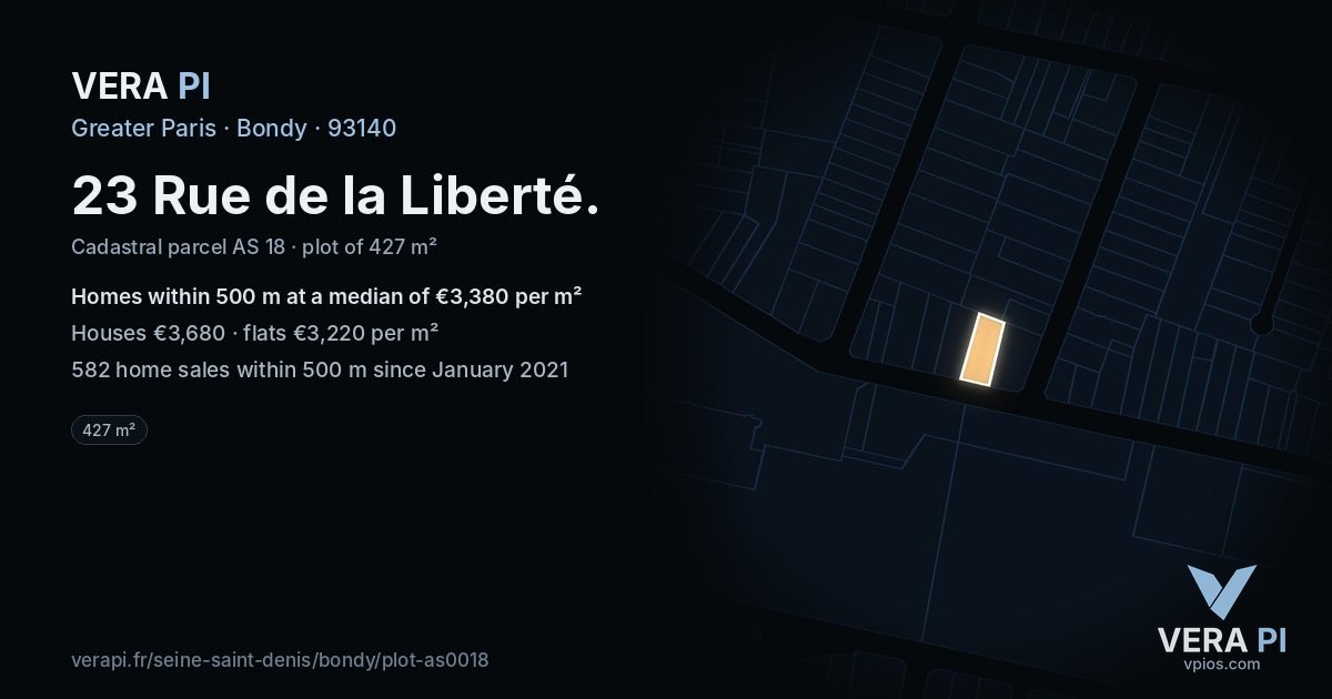23 Rue de la Liberté, Bondy at night – the plot lit, the parcels around coloured by the prices near them