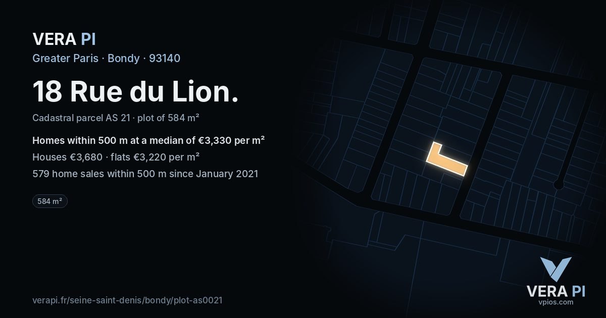 18 Rue du Lion, Bondy at night – the plot lit, the parcels around coloured by the prices near them