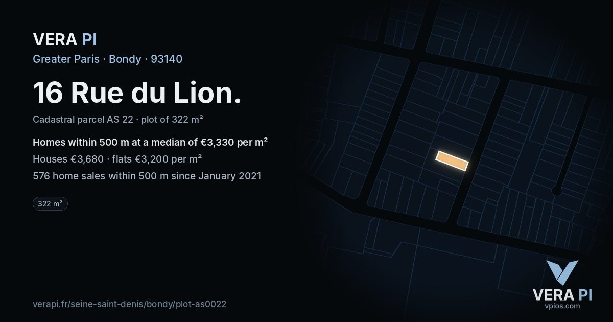 16 Rue du Lion, Bondy at night – the plot lit, the parcels around coloured by the prices near them