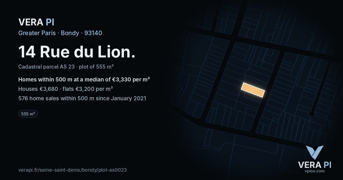 14 Rue du Lion, Bondy at night – the plot lit, the parcels around coloured by the prices near them