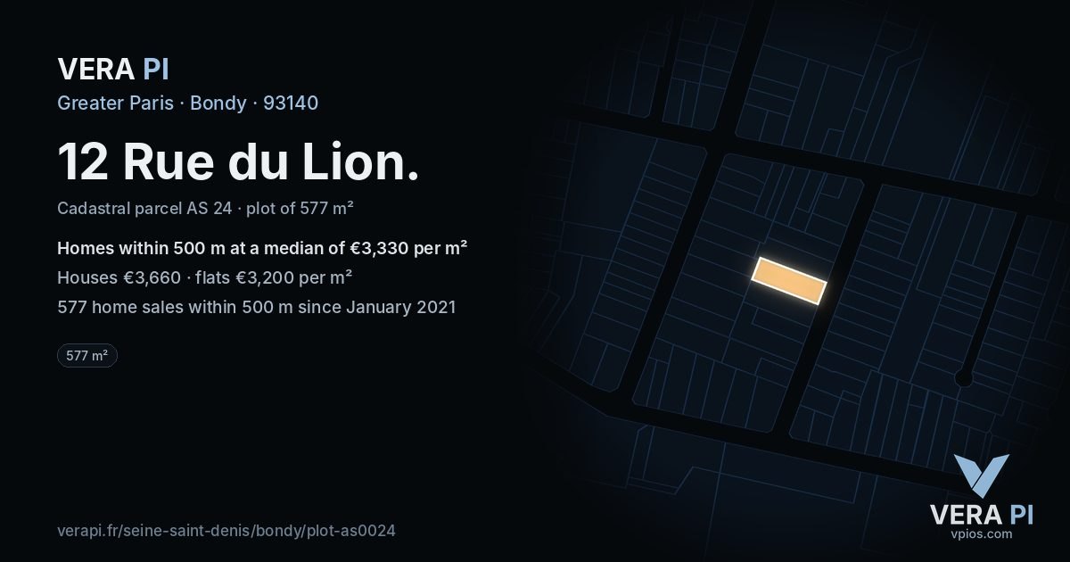 12 Rue du Lion, Bondy at night – the plot lit, the parcels around coloured by the prices near them