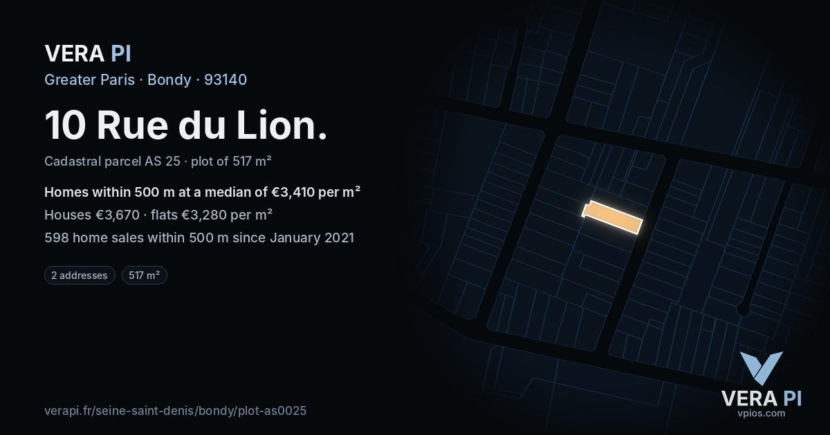 10 Rue du Lion, Bondy at night – the plot lit, the parcels around coloured by the prices near them
