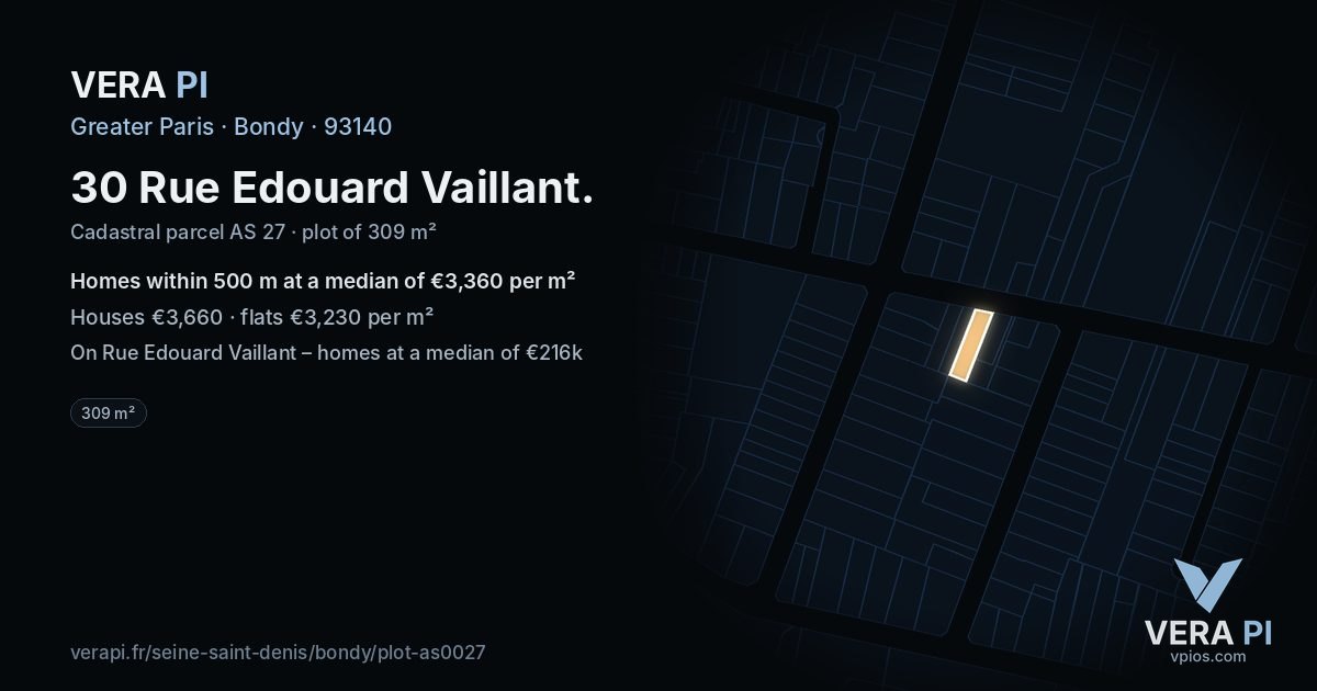 30 Rue Edouard Vaillant, Bondy at night – the plot lit, the parcels around coloured by the prices near them