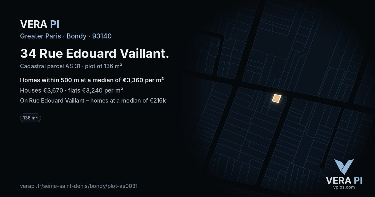 34 Rue Edouard Vaillant, Bondy at night – the plot lit, the parcels around coloured by the prices near them