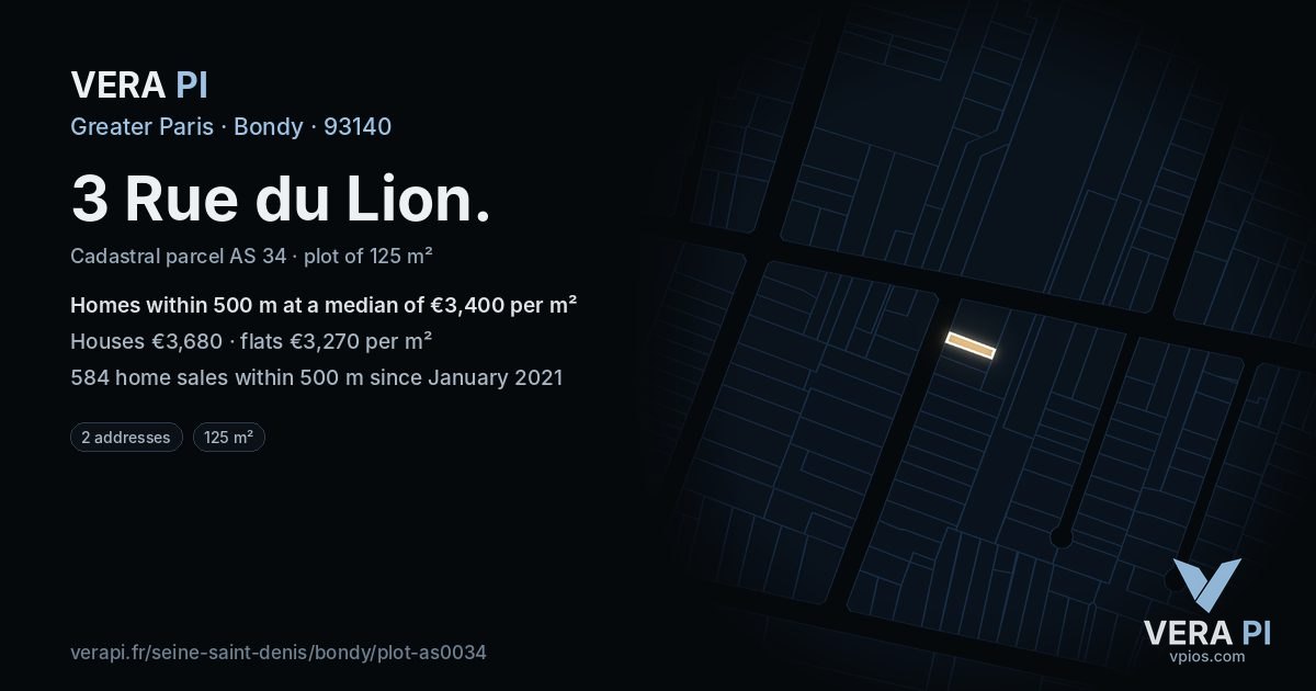 3 Rue du Lion, Bondy at night – the plot lit, the parcels around coloured by the prices near them