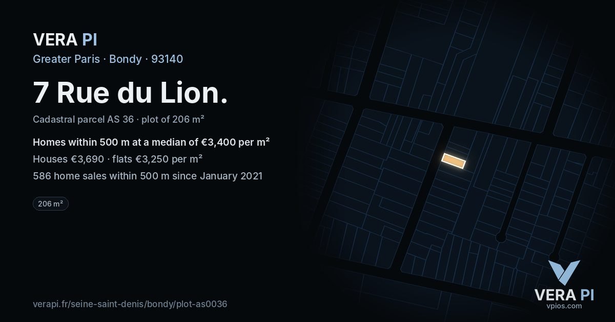 7 Rue du Lion, Bondy at night – the plot lit, the parcels around coloured by the prices near them