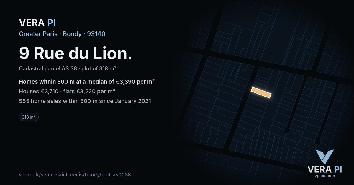 9 Rue du Lion, Bondy at night – the plot lit, the parcels around coloured by the prices near them