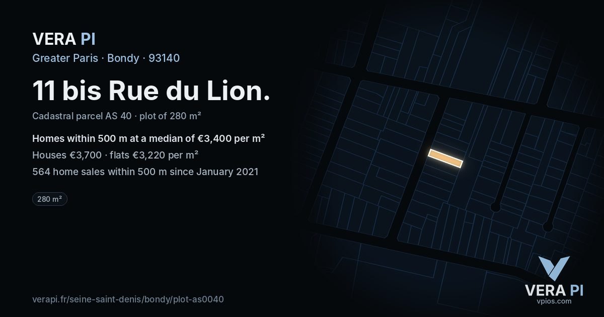 11 bis Rue du Lion, Bondy at night – the plot lit, the parcels around coloured by the prices near them