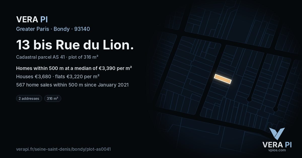 13 bis Rue du Lion, Bondy at night – the plot lit, the parcels around coloured by the prices near them