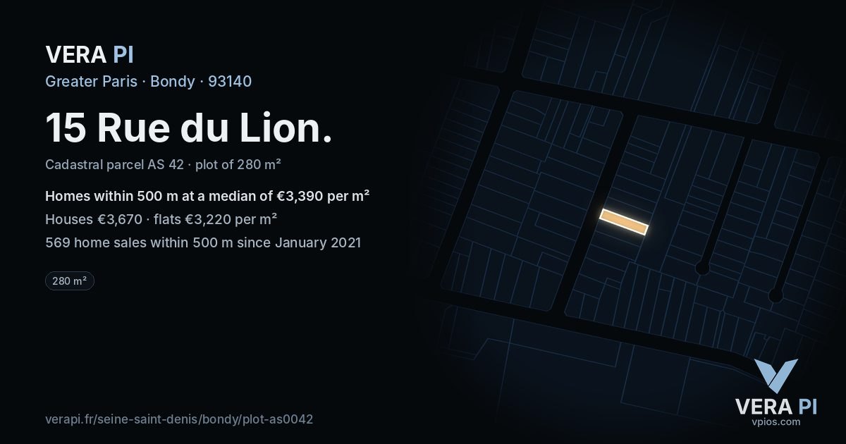 15 Rue du Lion, Bondy at night – the plot lit, the parcels around coloured by the prices near them