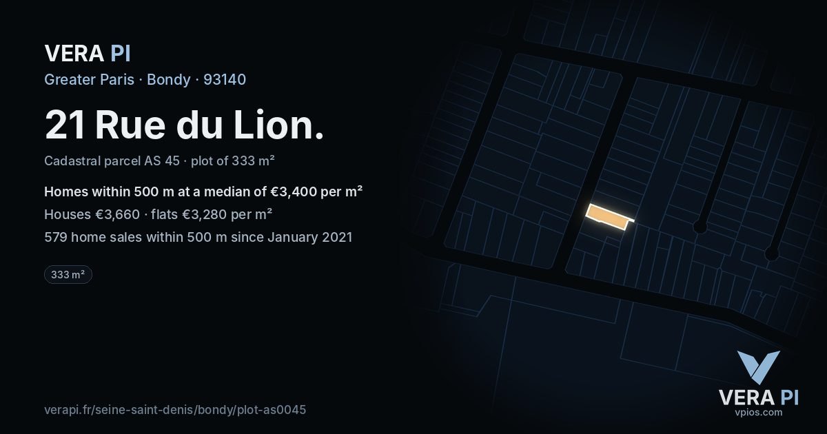 21 Rue du Lion, Bondy at night – the plot lit, the parcels around coloured by the prices near them