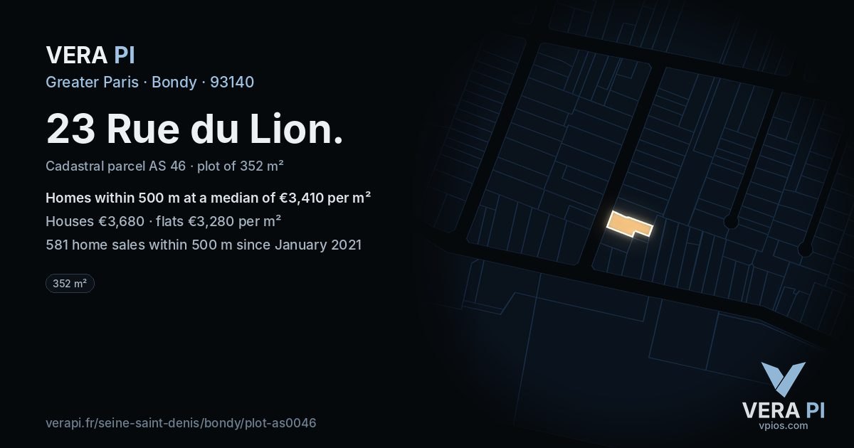 23 Rue du Lion, Bondy at night – the plot lit, the parcels around coloured by the prices near them