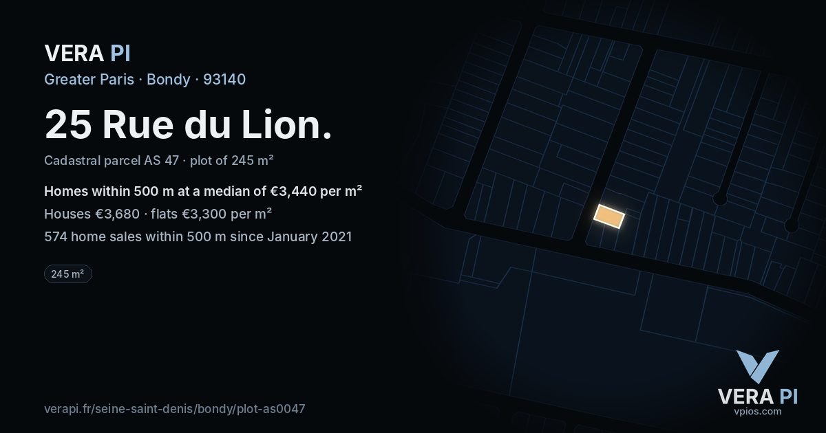 25 Rue du Lion, Bondy at night – the plot lit, the parcels around coloured by the prices near them