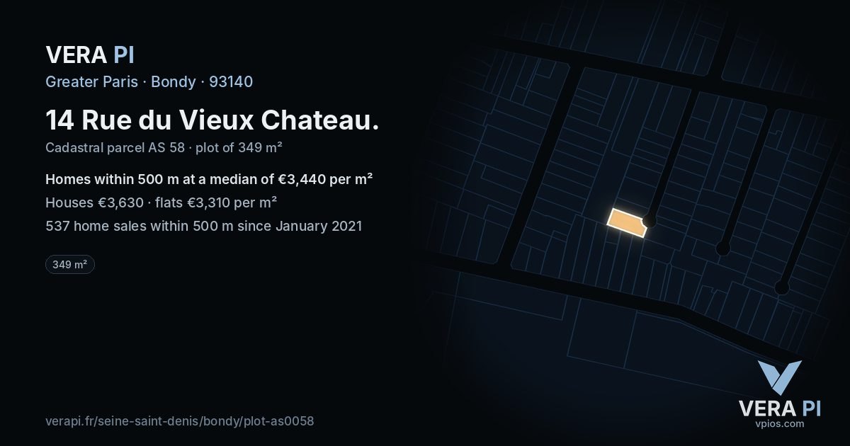 14 Rue du Vieux Chateau, Bondy at night – the plot lit, the parcels around coloured by the prices near them