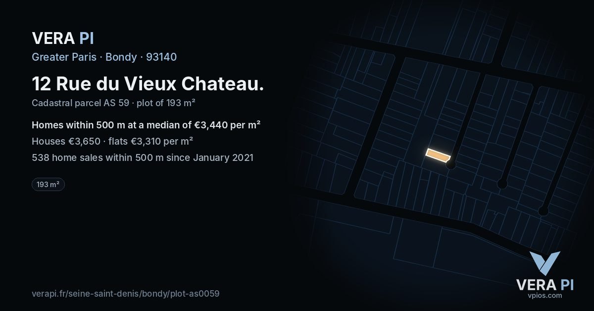 12 Rue du Vieux Chateau, Bondy at night – the plot lit, the parcels around coloured by the prices near them
