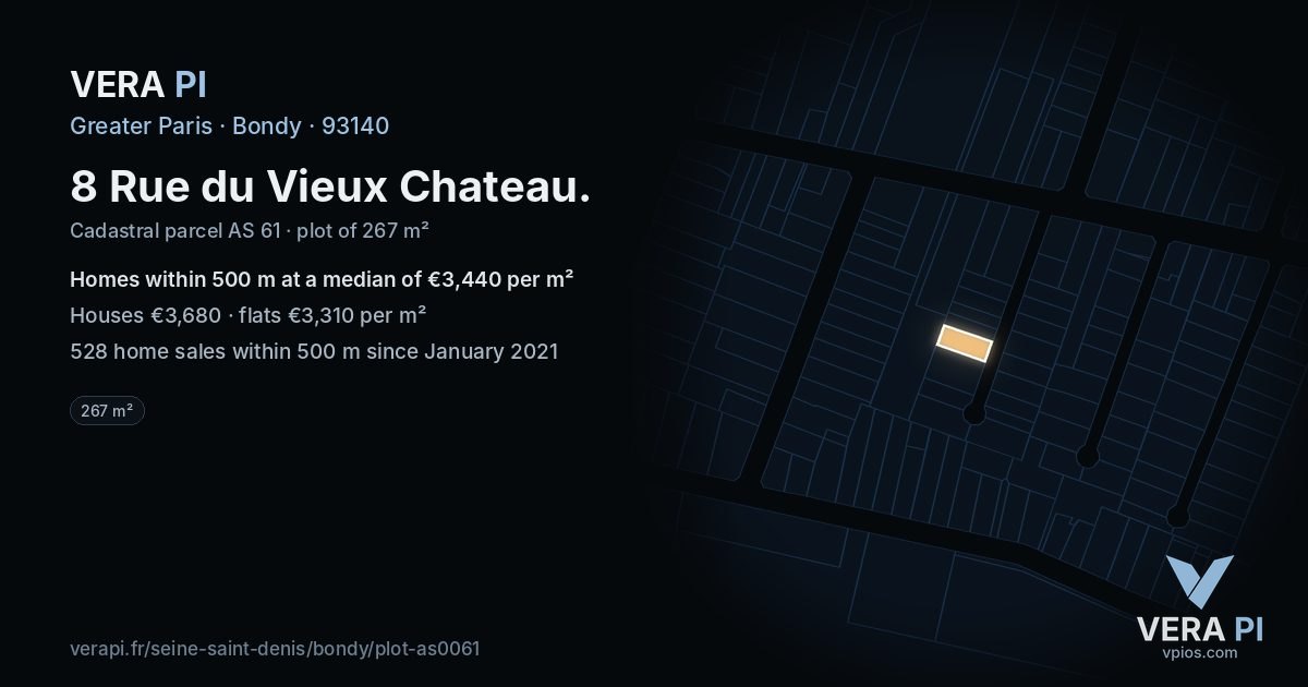 8 Rue du Vieux Chateau, Bondy at night – the plot lit, the parcels around coloured by the prices near them