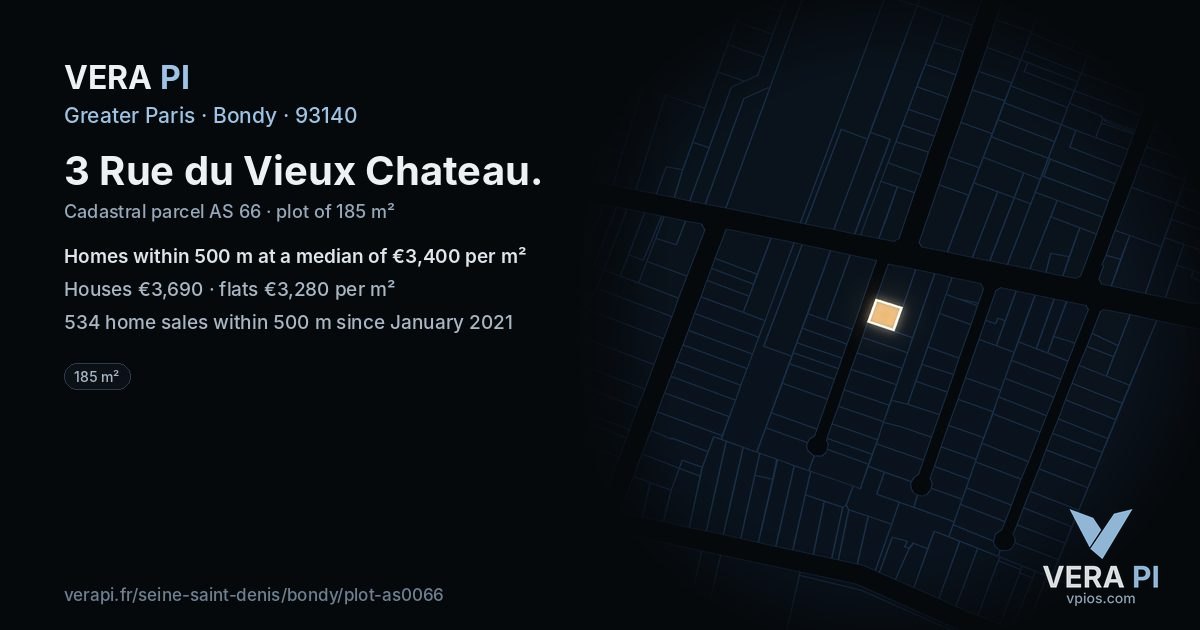 3 Rue du Vieux Chateau, Bondy at night – the plot lit, the parcels around coloured by the prices near them