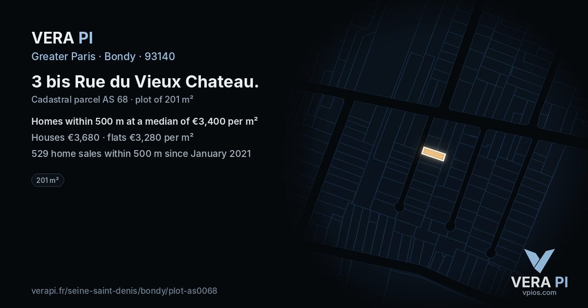 3 bis Rue du Vieux Chateau, Bondy at night – the plot lit, the parcels around coloured by the prices near them