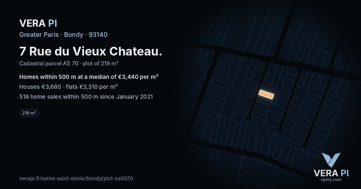 7 Rue du Vieux Chateau, Bondy at night – the plot lit, the parcels around coloured by the prices near them