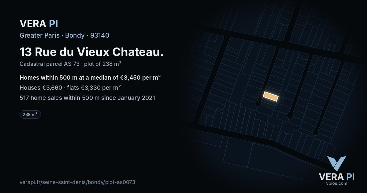 13 Rue du Vieux Chateau, Bondy at night – the plot lit, the parcels around coloured by the prices near them